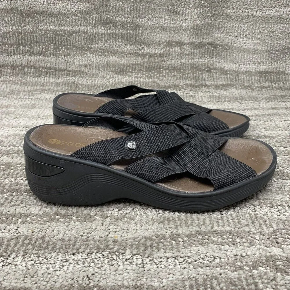 Bzees Womens Disco Strappy Comfort Sandals Black Slip On Open Toe 7M Shoes